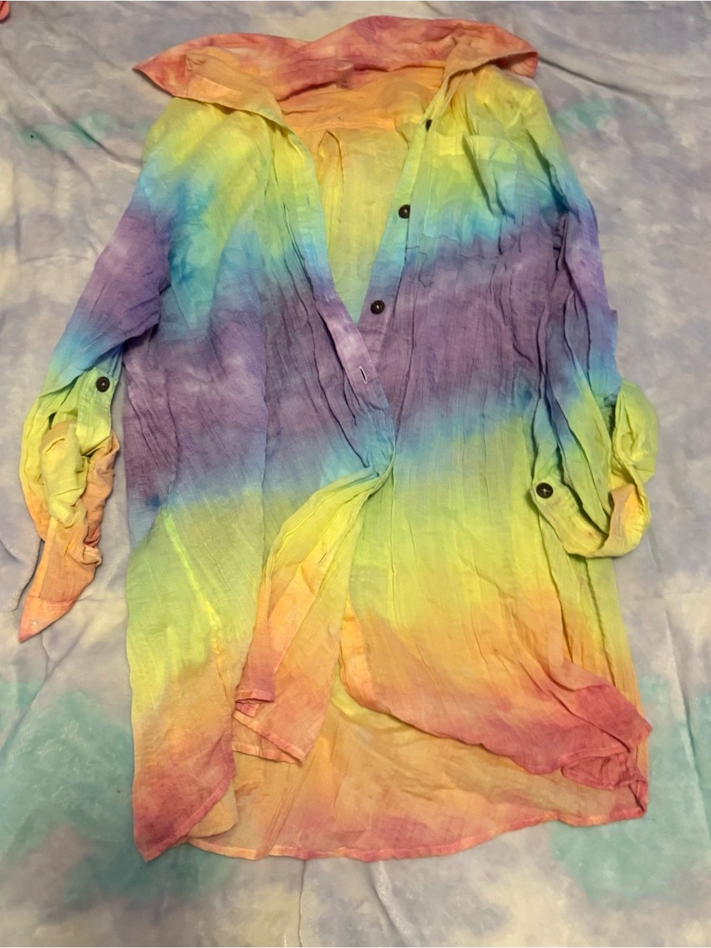 Women's Multicolor Rainbow Tie-Dye Button-Down Shirt - Lightweight Layer